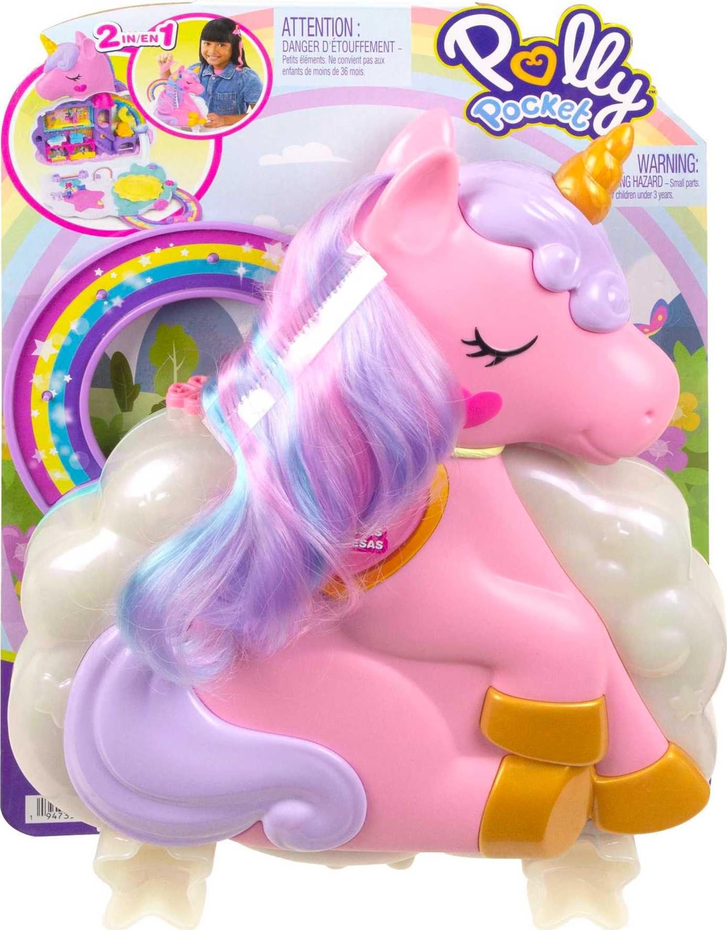 Polly Pocket 2-in-1 Travel Toy, Rainbow Unicorn Salon Styling Head with 2 Micro Dolls & 20+ Accessories