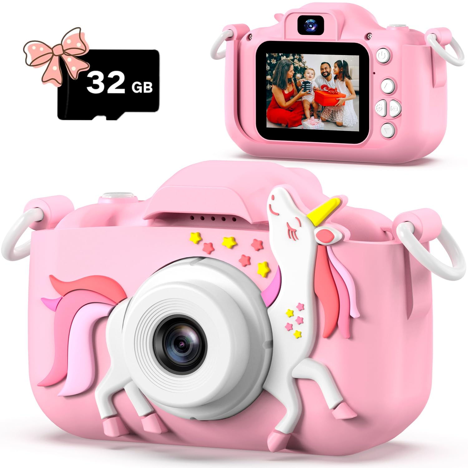 Dwfit Upgrade Selfie Kids Camera, Christmas Birthday Gifts for Boys Girls Age 3-12, HD Kids Digital Video Cameras for Toddler with Cartoon Soft Silicone Cover, Portable Toy for 3 4 5 6 7 8 Years Old