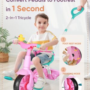 KRIDDO 2 in 1 Kids Tricycles Age 18 Month to 3 Years, EVA Wheels Upgraded, Gift, Trikes for Toddlers 2 to 3 Year Old with Push Handle and Duck Bell, Pink