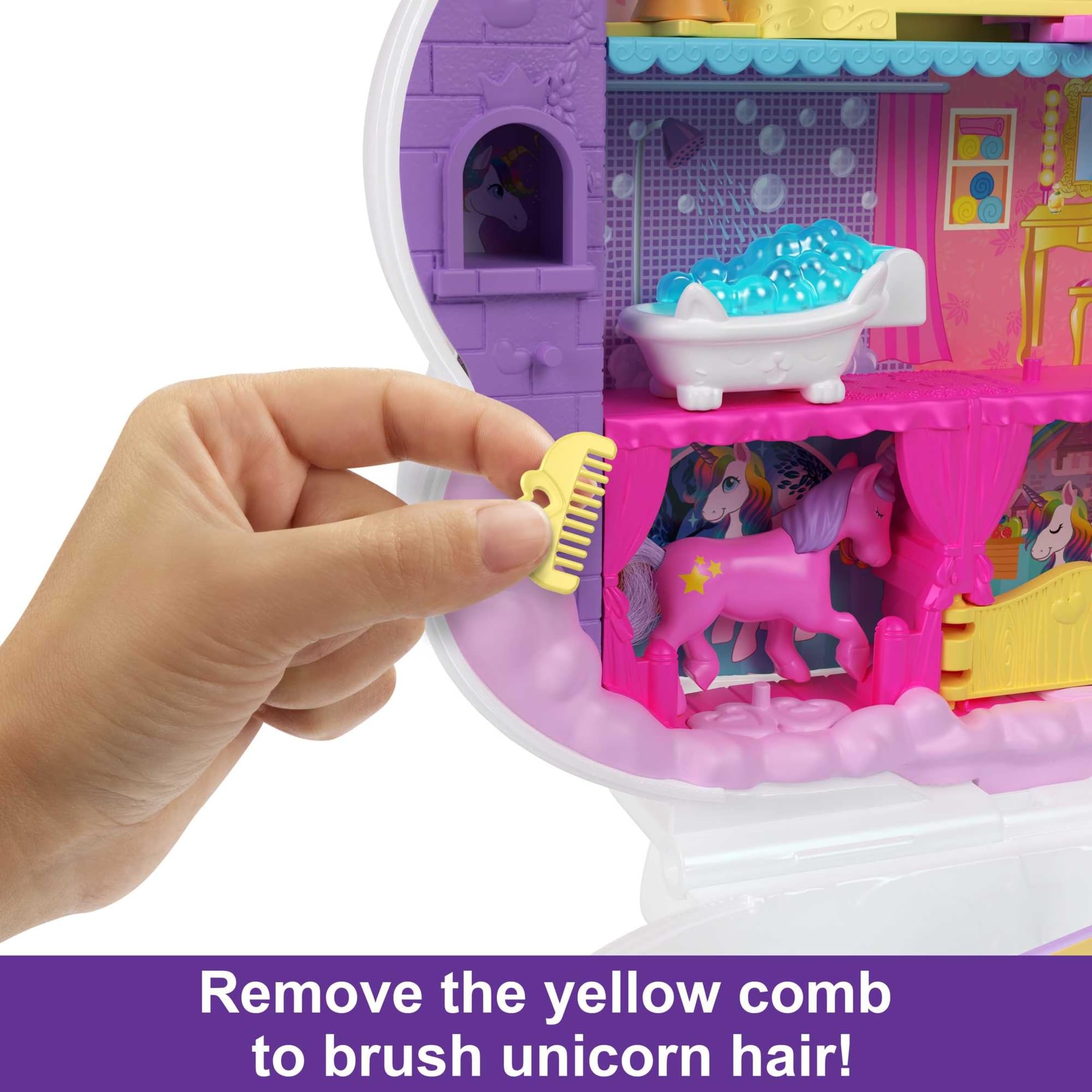 Polly Pocket 2-in-1 Travel Toy, Rainbow Unicorn Salon Styling Head with 2 Micro Dolls & 20+ Accessories