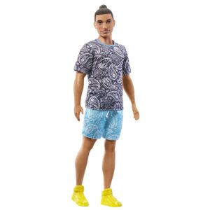 Barbie Fashionistas Ken Fashion Doll #204 with Brown Hair in Man Bun Wearing Paisley Tee & Shorts with Yellow Sneakers