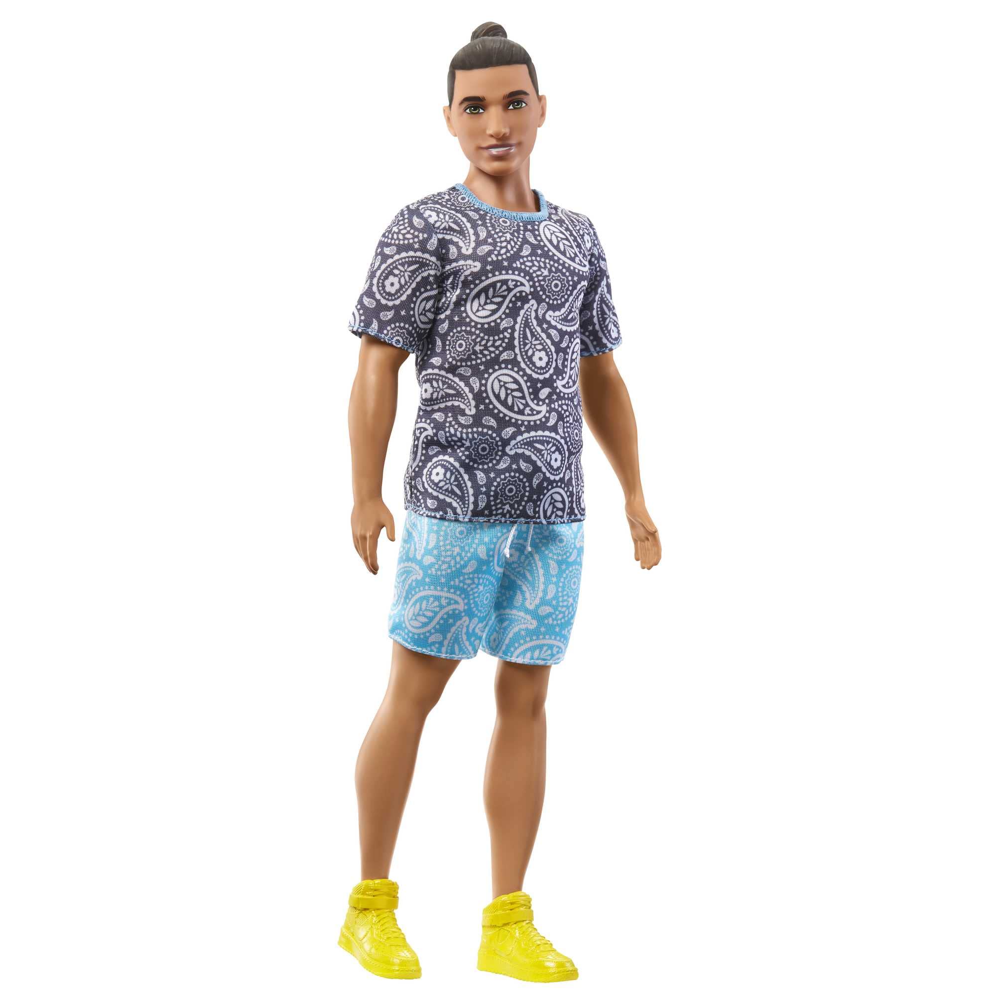 Barbie Fashionistas Ken Fashion Doll #204 with Brown Hair in Man Bun Wearing Paisley Tee & Shorts with Yellow Sneakers