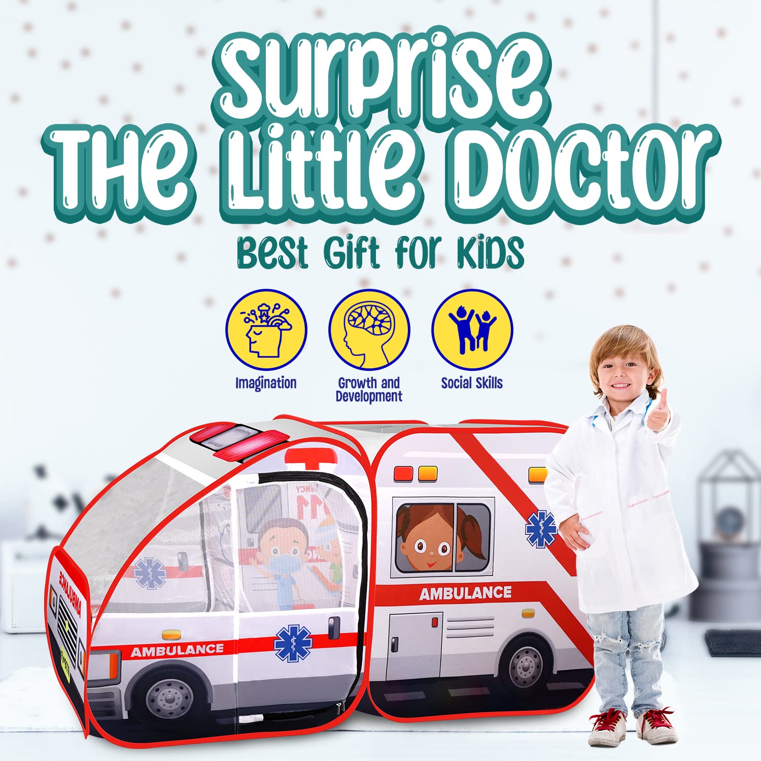 Ambulance Pop-up Play Tent for Kids with Sounds, Doctor Kit & Ball Pit for Toddlers & Up - Easy Setup Pop up Toy for Indoor & Outdoor, Emergency Vehicle Playset, Pretend Play, Great Gift