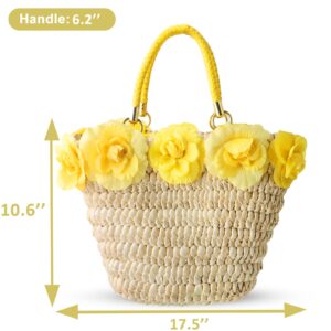 QTKJ Beach Bag for Women, Straw Handmade Handbag, Yellow Leather Braided Handle and Flower Decoration, Boho Retro Woven Shoulder Bag, Large Tote Bag for Vacation Travel Work