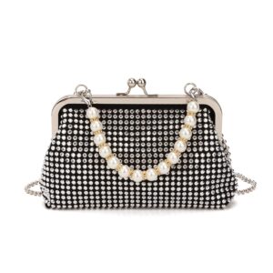 SUKUTU Women Luxury Full Rhinestone Shoulder Bag Noble Kiss Lock Crystal Messenger Bag Clutch Handbag with Pearl Beaded Chain