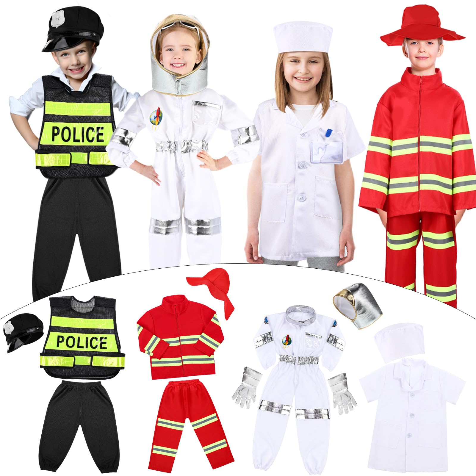 Vicenpal 4 Sets 12 Pcs Pretend Play Kids Costumes Set Christmas Gifts Role Play Costume Dress Costume for Kids Boys Girls (Fireman)