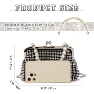 SUKUTU Women Luxury Full Rhinestone Shoulder Bag Noble Kiss Lock Crystal Messenger Bag Clutch Handbag with Pearl Beaded Chain