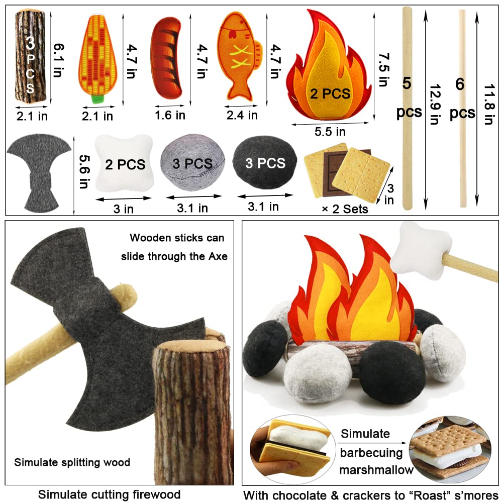 45 PCS Pretend Play Campfire Toy for Kids, Toddler Camping Toys Play Set Felt Campfire Playset with Pretend Cutting Fruits, Plush Fake Fire for Boys Girls Age 3 4 5 6 7