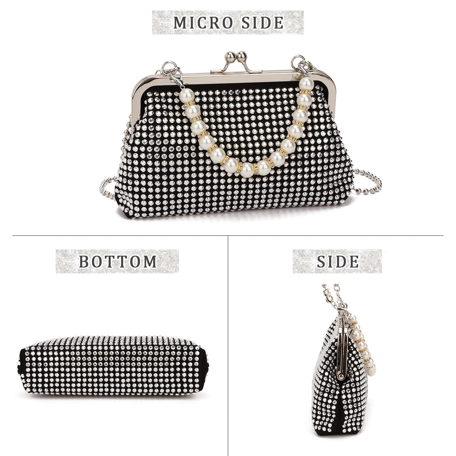 SUKUTU Women Luxury Full Rhinestone Shoulder Bag Noble Kiss Lock Crystal Messenger Bag Clutch Handbag with Pearl Beaded Chain