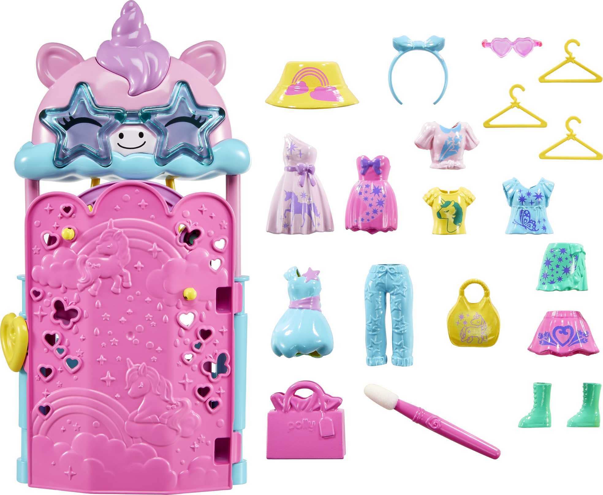 Polly Pocket Dolls & Playset, Unicorn Toy with 2 Dolls & 19 Fashion Accessories, Glam It Up Style Studio