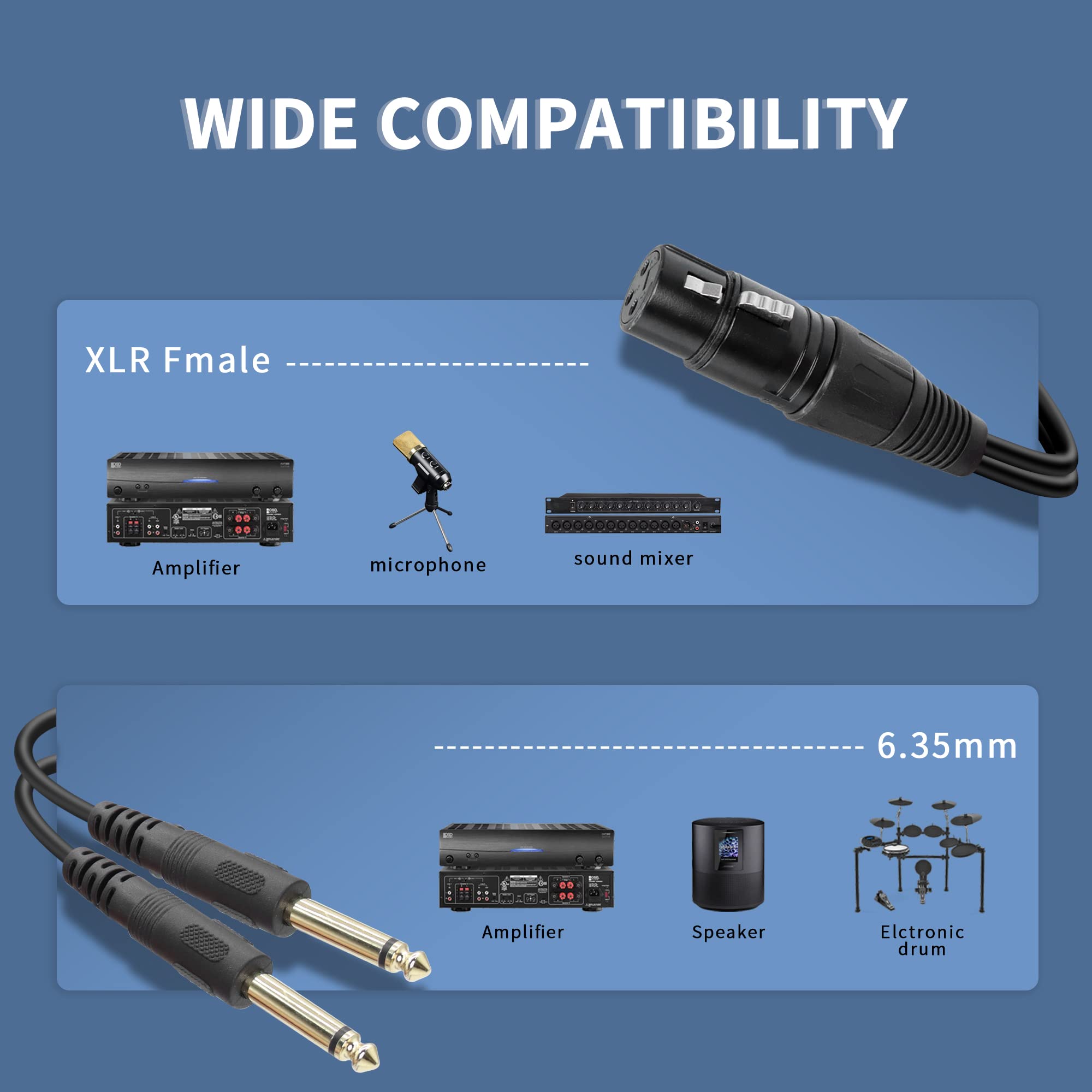 QIANRENON XLR Female to Dual TS 1/4 Stereo Splitter Cable 3-Pin XLR to Dual 6.35mm Mono Y Splitter Conversion Extension Audio Cable,for Microphone Guitars Amplifier Mixer,1m/3.2ft