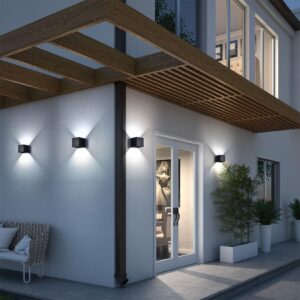 Mille Lucciole 4 Pack Outdoor Wall Lights Exterior/Interior LED Wall Sconces IP65 Waterproof Square Aluminum Wall Lamps Outdoor Lighting Fixture Up and Down Lights Modern Black 12W 6500K Cold Lights