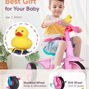 KRIDDO 2 in 1 Kids Tricycles Age 18 Month to 3 Years, EVA Wheels Upgraded, Gift, Trikes for Toddlers 2 to 3 Year Old with Push Handle and Duck Bell, Pink