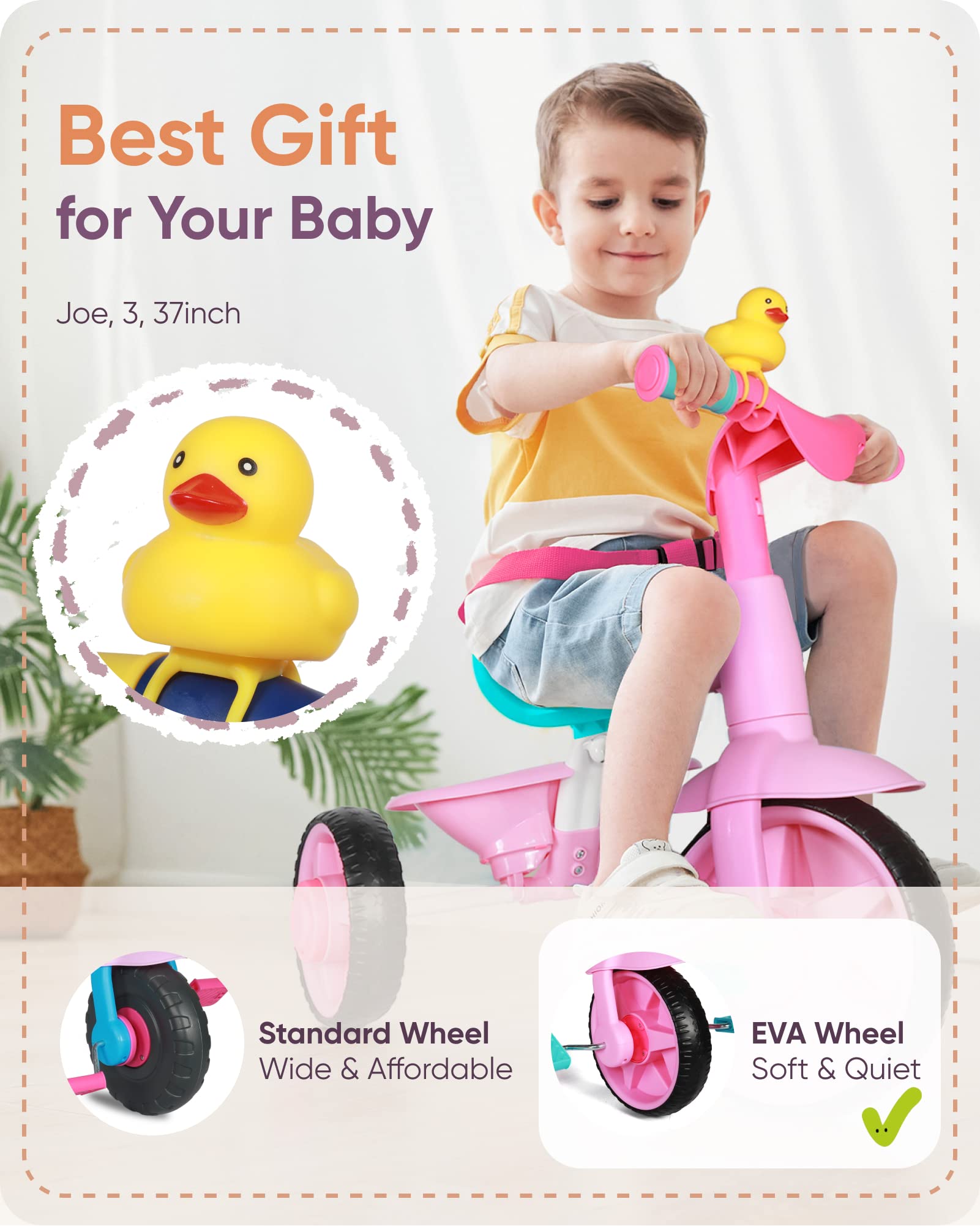 KRIDDO 2 in 1 Kids Tricycles Age 18 Month to 3 Years, EVA Wheels Upgraded, Gift, Trikes for Toddlers 2 to 3 Year Old with Push Handle and Duck Bell, Pink