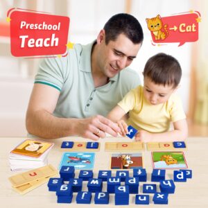 Wooden CVC Reading Spelling Game for Kids, Sight Words Flash Cards for Preschool Kindergarden Learning Activities, Montessori Educational Toys Gifts for 3 4 5 6 Year Old Kids