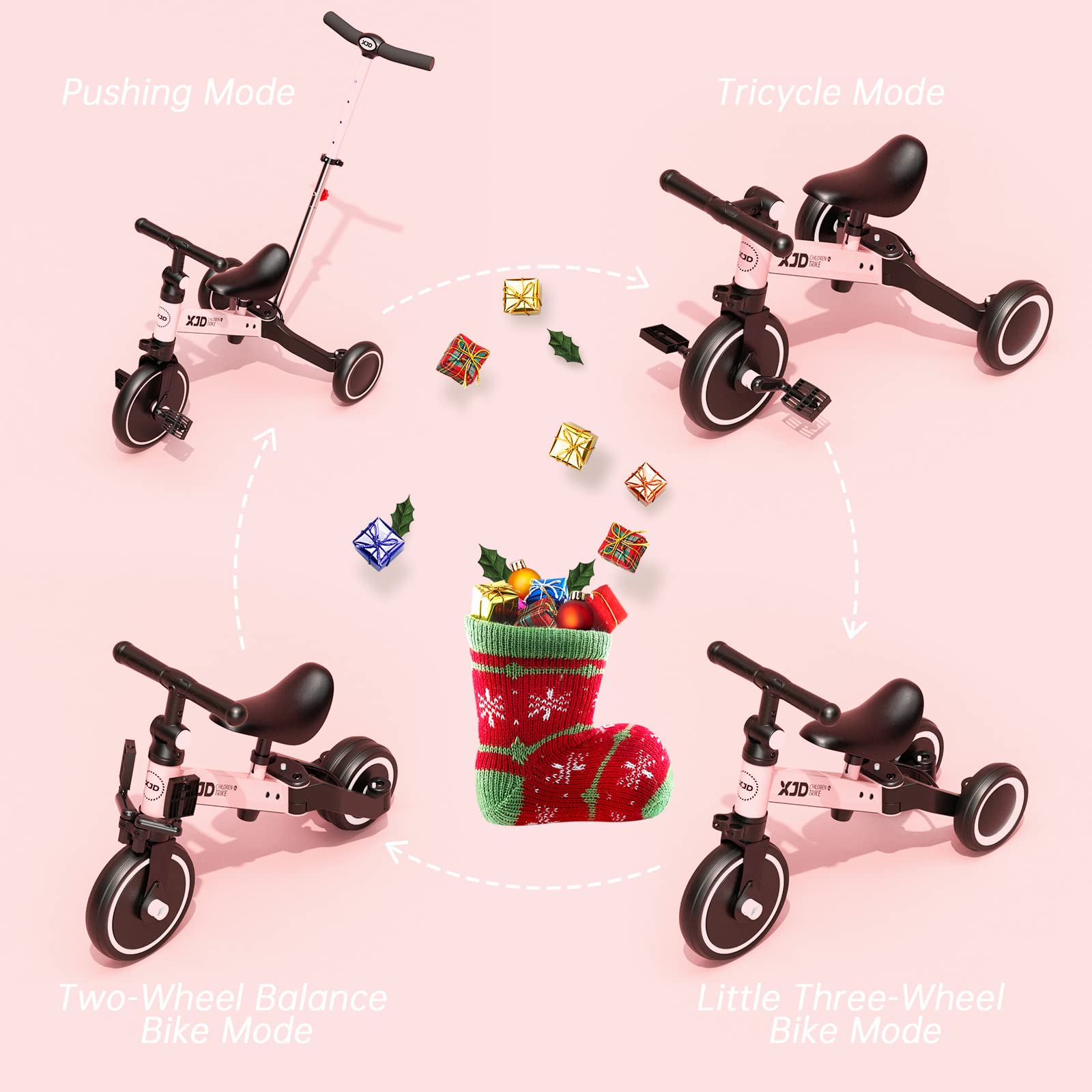 XJD 7 in 1 Toddler Bike with Push Handle,Tricycles for 1 to 3 Years Old, Toddler Tricycle with Push Handle for Boy Girl, Baby Balance Bike with Adjustable Seat Height and Removable Pedal