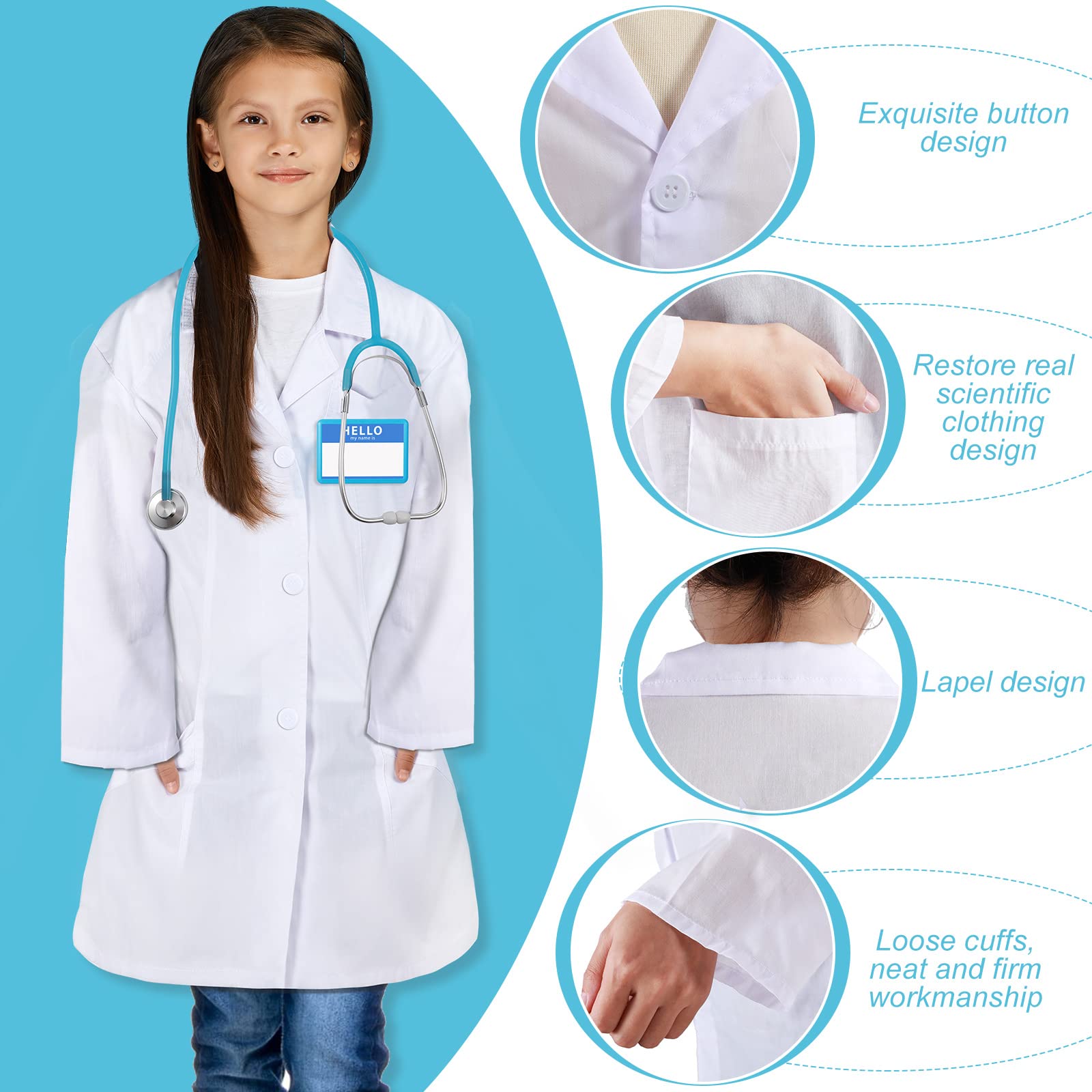 Boyiee 3 Pcs Doctor Costume for Kids Toddler Doctor Lab Coat Halloween Dress Up Doctor Pretend Play Set Stethoscope for Girls Boys(7T)