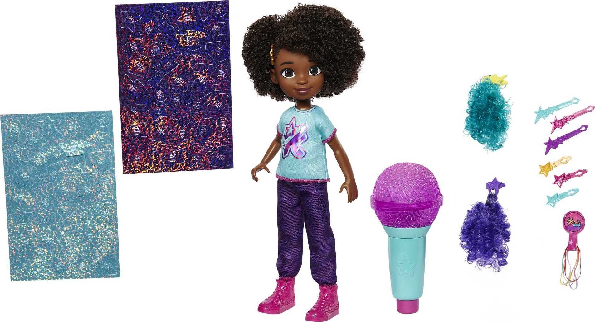 Mattel Karma’s World Doll with Microphone Hair Styling Tool & Accessories, 75+ Pieces, Shine 'N Style Mattel Karma Playset