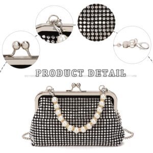 SUKUTU Women Luxury Full Rhinestone Shoulder Bag Noble Kiss Lock Crystal Messenger Bag Clutch Handbag with Pearl Beaded Chain