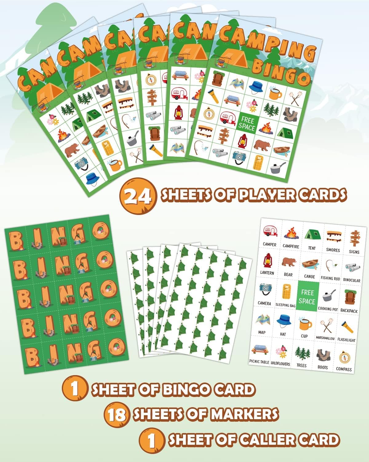 Mosailles Camping Bingo Game Outdoor Indoor Activities Hike Field Trip Supplies Party Favors Card Games for Adults 24 Players Family Fun