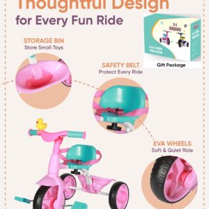 KRIDDO 2 in 1 Kids Tricycles Age 18 Month to 3 Years, EVA Wheels Upgraded, Gift, Trikes for Toddlers 2 to 3 Year Old with Push Handle and Duck Bell, Pink