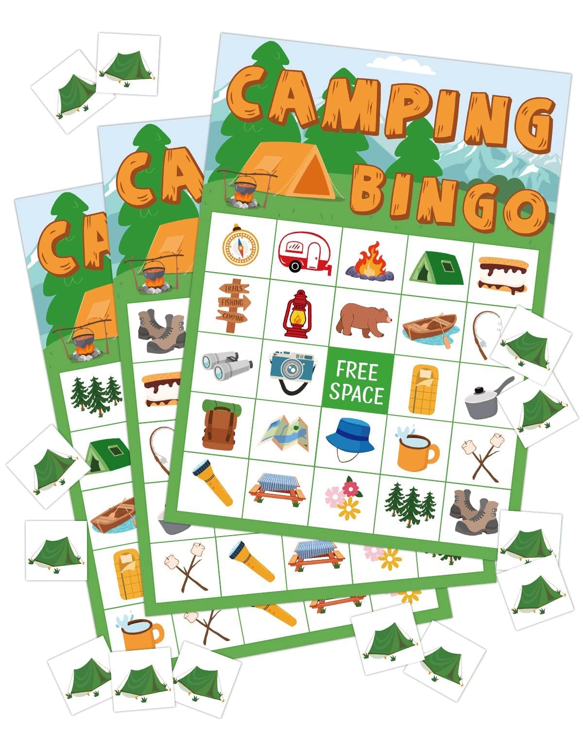 Mosailles Camping Bingo Game Outdoor Indoor Activities Hike Field Trip Supplies Party Favors Card Games for Adults 24 Players Family Fun