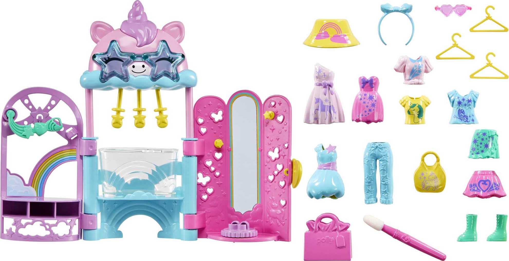 Polly Pocket Dolls & Playset, Unicorn Toy with 2 Dolls & 19 Fashion Accessories, Glam It Up Style Studio