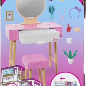 Barbie Furniture & Accessories Set, Doll House Décor, 10+ Pieces for Vanity Including Stand with Mirror, Stool, Beauty Products & More