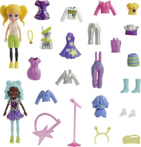 polly pocket travel toy with two (3-inch) dolls & 25 accessories, outer space fashion pack with 2 glow-in-the-dark pieces