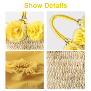 QTKJ Beach Bag for Women, Straw Handmade Handbag, Yellow Leather Braided Handle and Flower Decoration, Boho Retro Woven Shoulder Bag, Large Tote Bag for Vacation Travel Work