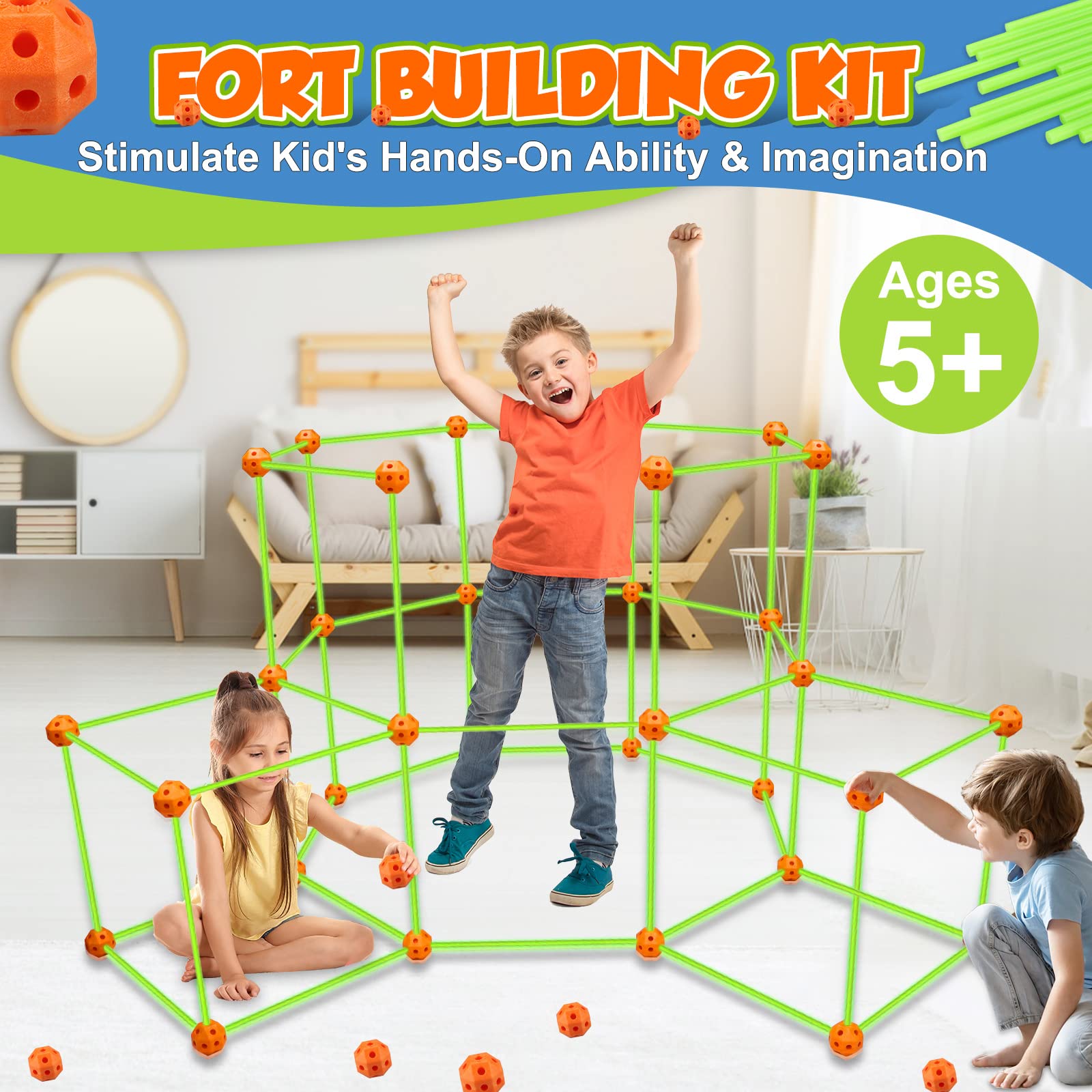 Getatoy Fort Building Kit for Kids - 100 Pcs Glow in The Dark Creative STEM Building Toys, Fun Fort Indoor Outdoor Toys Gift for Boys & Girls Age 5 6 7 8 9 10 Year Old