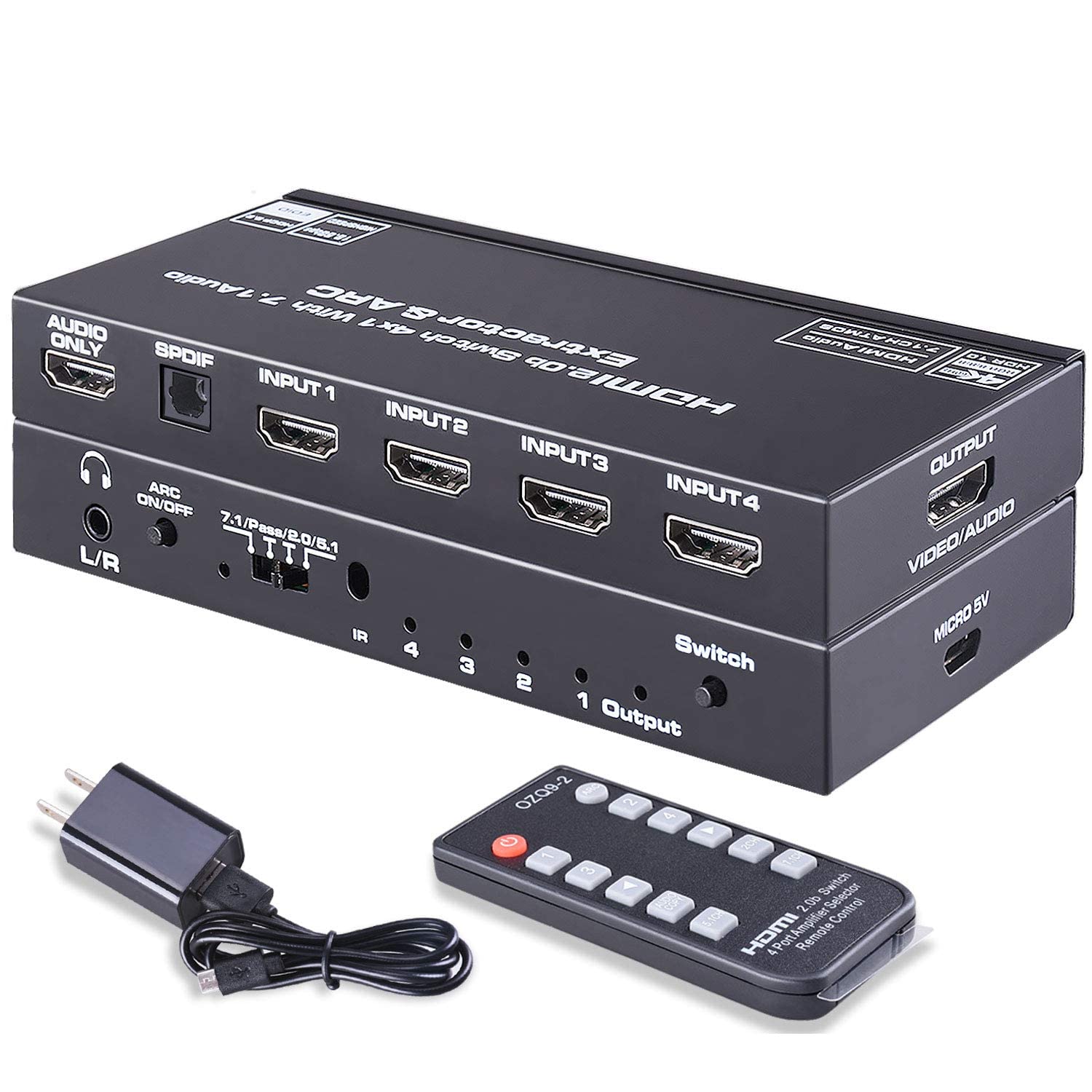 Tendak 4 Port HDMI 2.0 Switch, 4x1 HDMI Switcher Selector with 7.1 Audio Extractor Optical SPDIF + L/R 3.5mm Audio Out Include IR Remote Support ARC 4K@60HZ HDCP 2.2 3D for PS4/ Roku