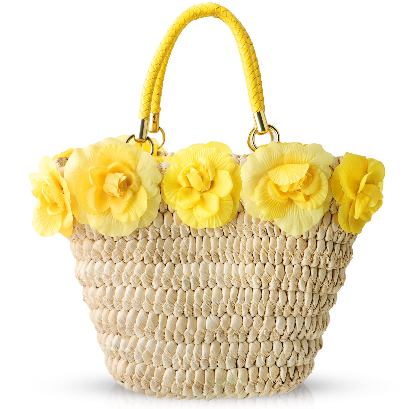 QTKJ Beach Bag for Women, Straw Handmade Handbag, Yellow Leather Braided Handle and Flower Decoration, Boho Retro Woven Shoulder Bag, Large Tote Bag for Vacation Travel Work