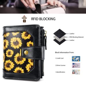 Simikol Small Wallet for Women Leather Bifold RFID Blocking Zipper Pocket ID Window Womens Card Holder Case,Sunflower