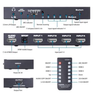 Tendak 4 Port HDMI 2.0 Switch, 4x1 HDMI Switcher Selector with 7.1 Audio Extractor Optical SPDIF + L/R 3.5mm Audio Out Include IR Remote Support ARC 4K@60HZ HDCP 2.2 3D for PS4/ Roku