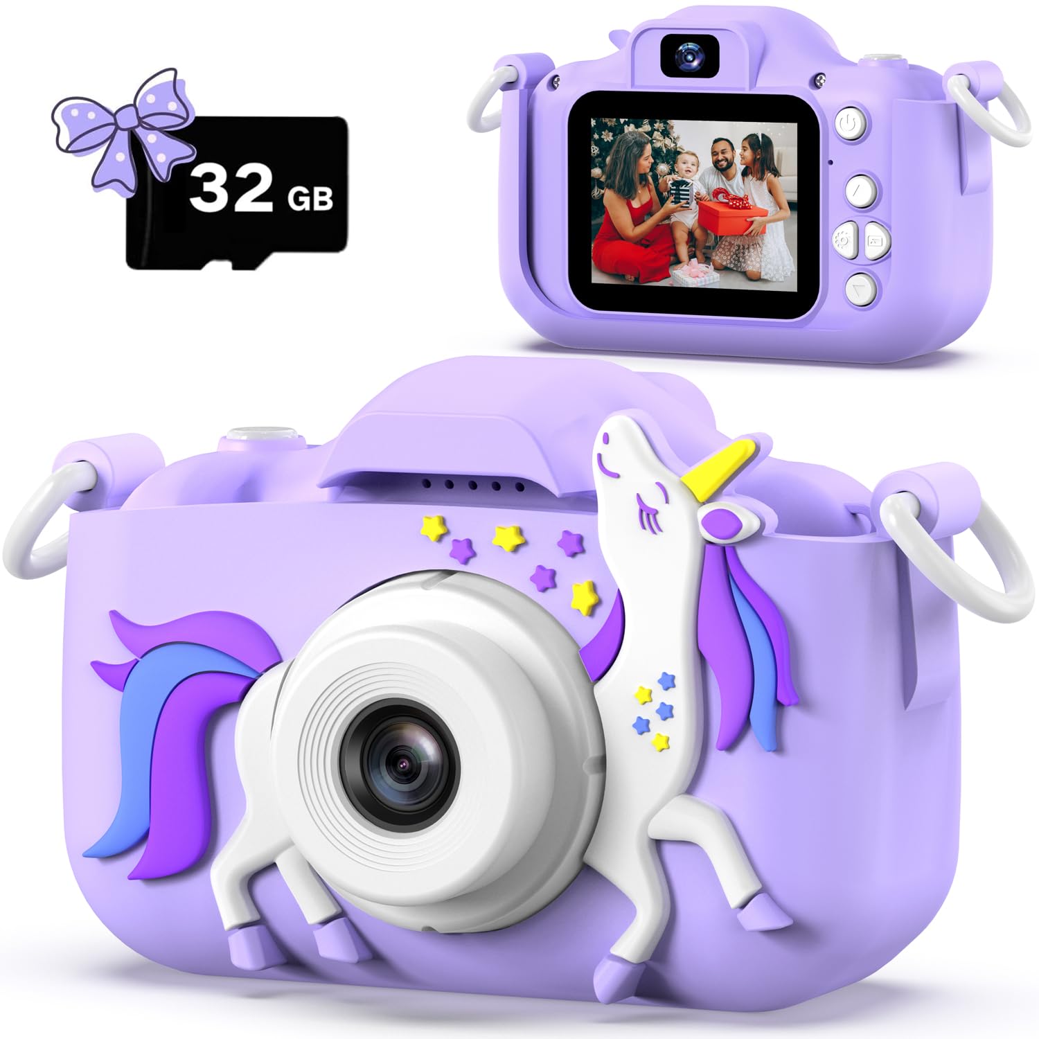 Dwfit Upgrade Selfie Kids Camera, Christmas Birthday Gifts for Boys Girls Age 3-12, HD Kids Digital Video Cameras for Toddler with Cartoon Soft Silicone Cover, Portable Toy for 3 4 5 6 7 8 Years Old