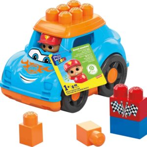 Mega BLOKS First Builders Toddler Building Blocks Toy Set, Ricky Race Car with 6 Pieces and Storage, 1 Figure, Blue, Ages 1+ Years