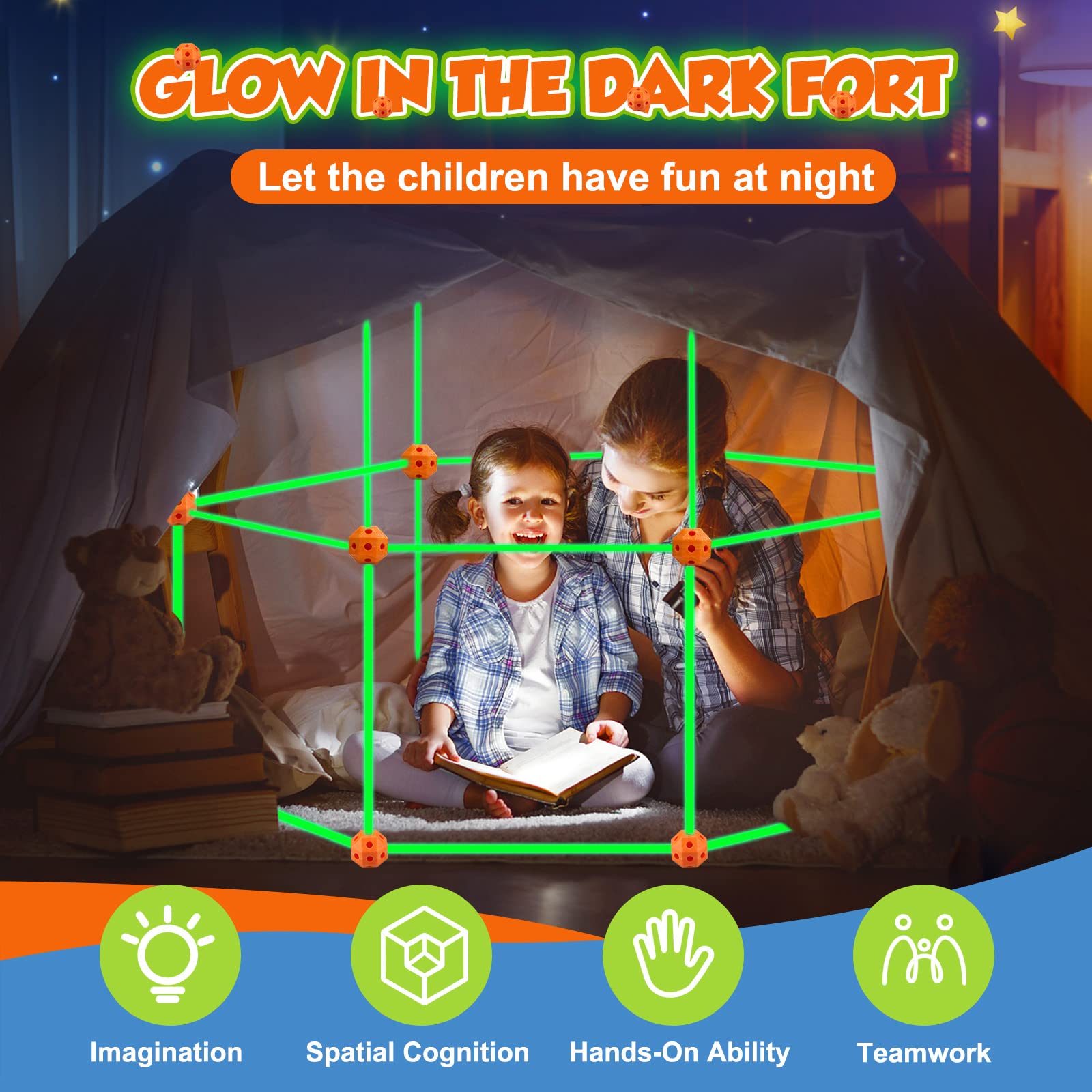 Getatoy Fort Building Kit for Kids - 100 Pcs Glow in The Dark Creative STEM Building Toys, Fun Fort Indoor Outdoor Toys Gift for Boys & Girls Age 5 6 7 8 9 10 Year Old