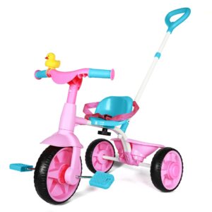 KRIDDO 2 in 1 Kids Tricycles Age 18 Month to 3 Years, EVA Wheels Upgraded, Gift, Trikes for Toddlers 2 to 3 Year Old with Push Handle and Duck Bell, Pink