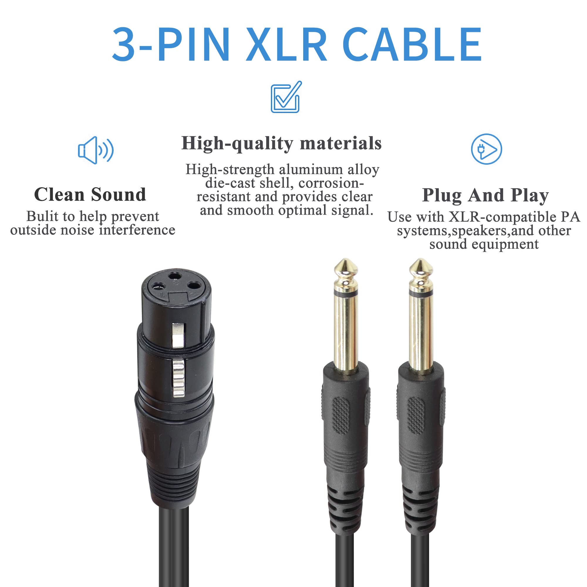 QIANRENON XLR Female to Dual TS 1/4 Stereo Splitter Cable 3-Pin XLR to Dual 6.35mm Mono Y Splitter Conversion Extension Audio Cable,for Microphone Guitars Amplifier Mixer,1m/3.2ft