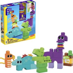 Mega BLOKS Fisher-Price Toddler Building Blocks Toy Set, Squeak ‘n Chomps Dinos with 24 Pieces, 4 Buildable Animals, Ages 1+ Years