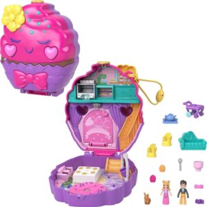 polly pocket compact playset, something sweet cupcake with 2 micro dolls & accessories, travel toys with surprises