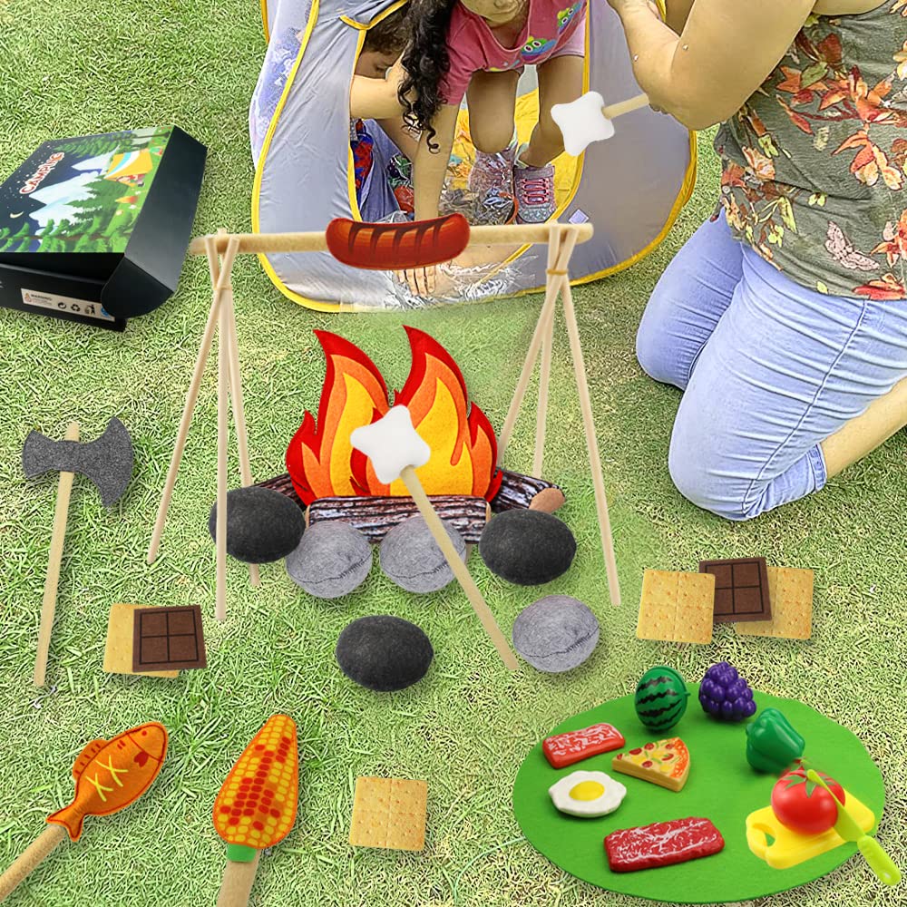 45 PCS Pretend Play Campfire Toy for Kids, Toddler Camping Toys Play Set Felt Campfire Playset with Pretend Cutting Fruits, Plush Fake Fire for Boys Girls Age 3 4 5 6 7