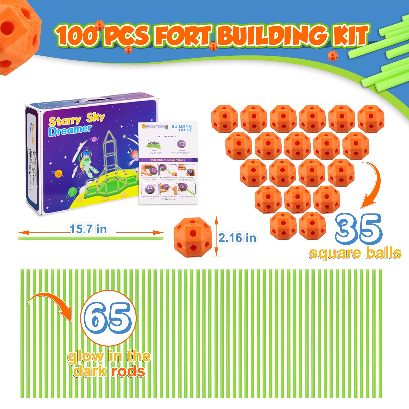 Getatoy Fort Building Kit for Kids - 100 Pcs Glow in The Dark Creative STEM Building Toys, Fun Fort Indoor Outdoor Toys Gift for Boys & Girls Age 5 6 7 8 9 10 Year Old