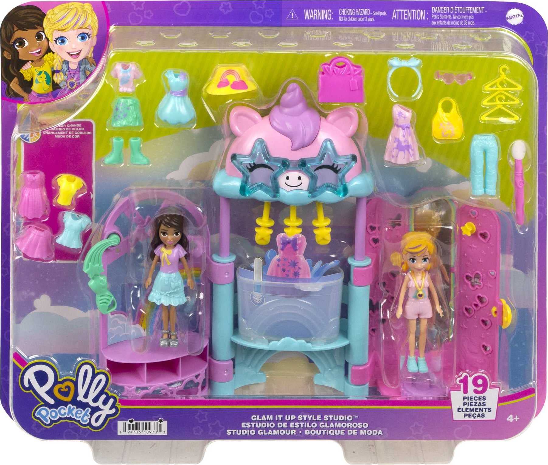 Polly Pocket Dolls & Playset, Unicorn Toy with 2 Dolls & 19 Fashion Accessories, Glam It Up Style Studio