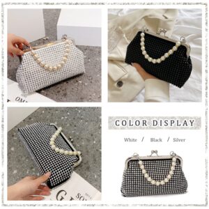 SUKUTU Women Luxury Full Rhinestone Shoulder Bag Noble Kiss Lock Crystal Messenger Bag Clutch Handbag with Pearl Beaded Chain