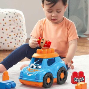 Mega BLOKS First Builders Toddler Building Blocks Toy Set, Ricky Race Car with 6 Pieces and Storage, 1 Figure, Blue, Ages 1+ Years