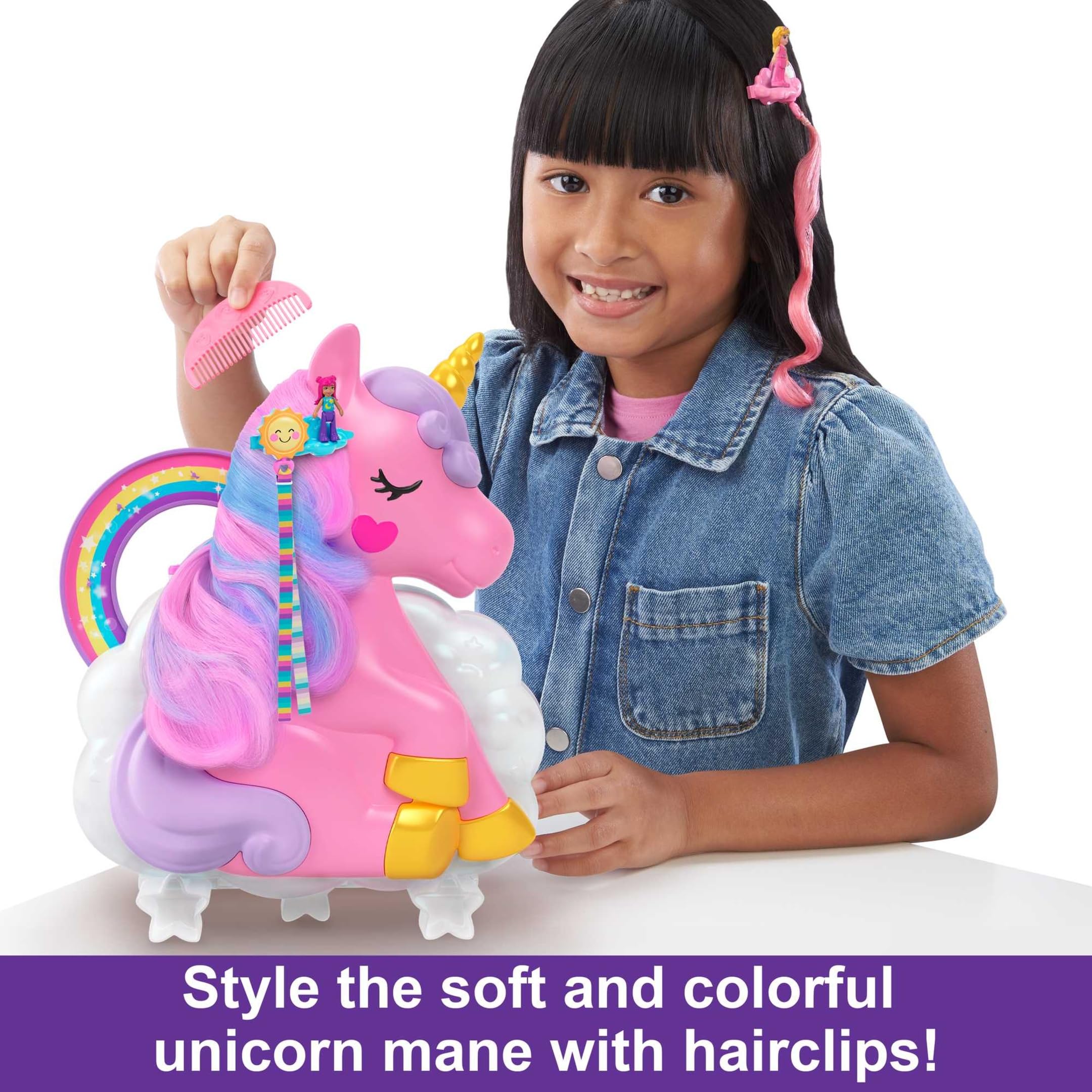 Polly Pocket 2-in-1 Travel Toy, Rainbow Unicorn Salon Styling Head with 2 Micro Dolls & 20+ Accessories