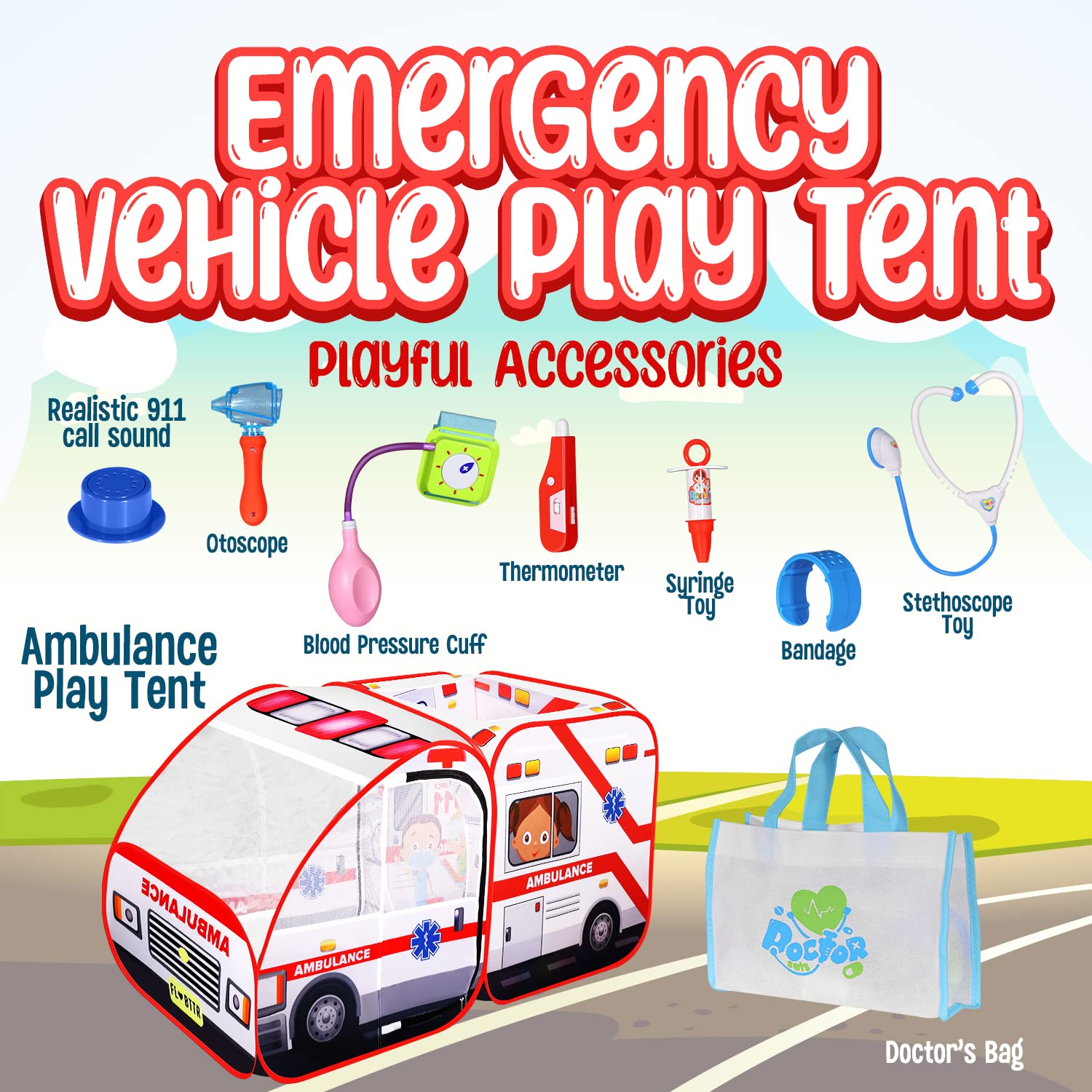 Ambulance Pop-up Play Tent for Kids with Sounds, Doctor Kit & Ball Pit for Toddlers & Up - Easy Setup Pop up Toy for Indoor & Outdoor, Emergency Vehicle Playset, Pretend Play, Great Gift