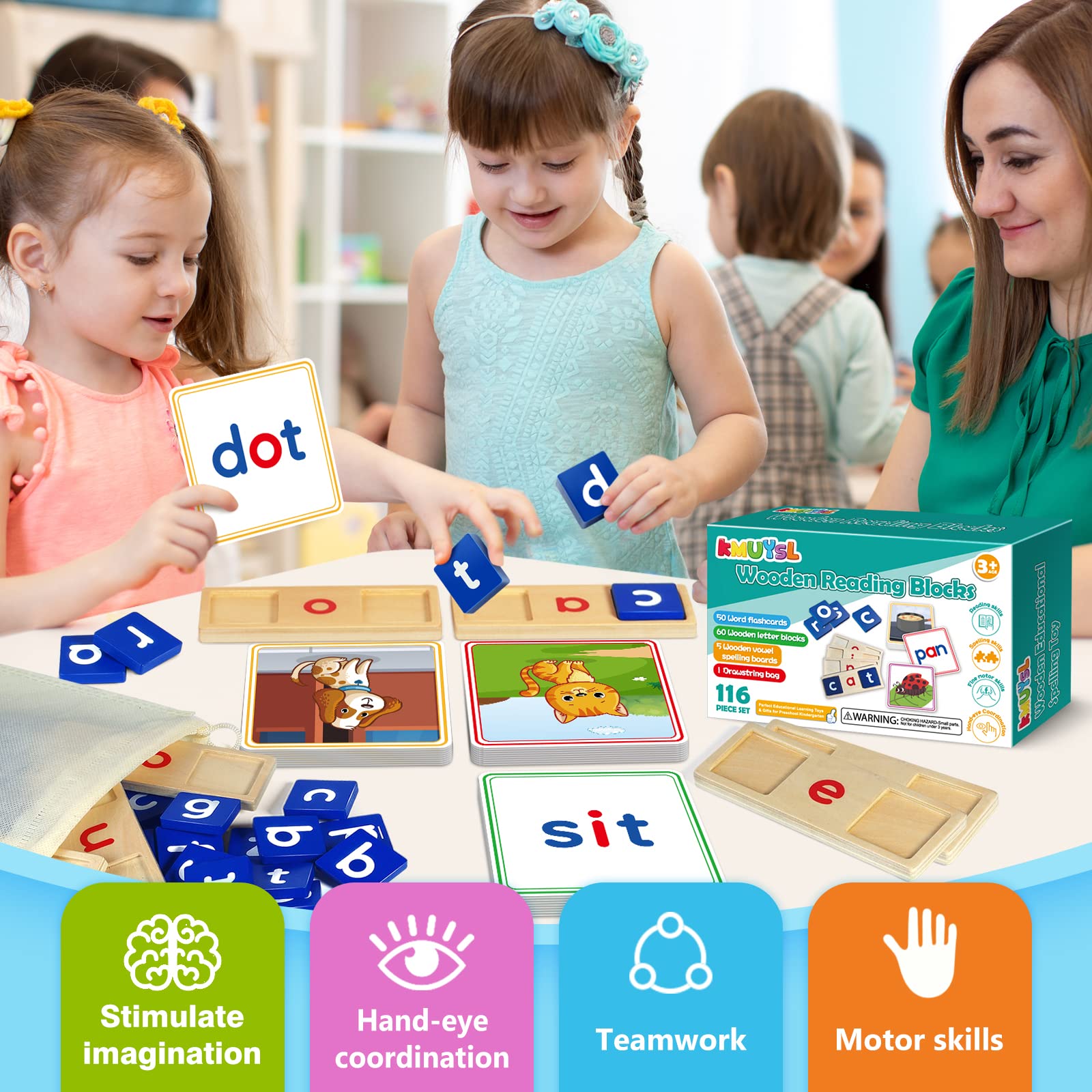 Wooden CVC Reading Spelling Game for Kids, Sight Words Flash Cards for Preschool Kindergarden Learning Activities, Montessori Educational Toys Gifts for 3 4 5 6 Year Old Kids